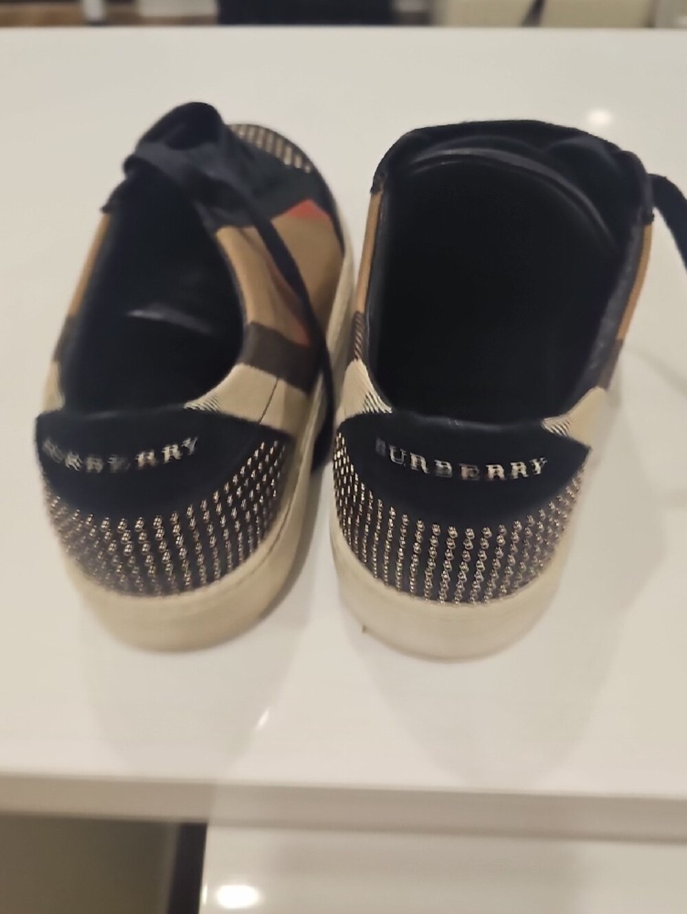 Burberry Black Leather & Tan Check Low-Top Sneakers with Studded Toe - Picture 4 of 4